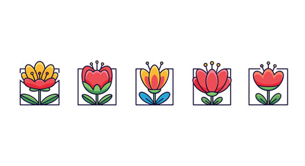 Set of five stylized, colorful floral icons featuring red and yellow flowers with green stems and leaves, presented within square frames against a black background, perfect for graphic design and