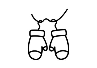 Simple line drawing of mittens hanging by string, winter apparel concept
