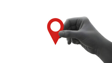 Close up of a human hand holding a bright red location pin icon symbolizing navigation and finding a destination isolated on transparent background