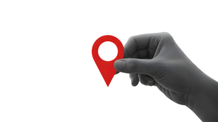Close up of a human hand holding a bright red location pin icon symbolizing navigation and finding a destination isolated on transparent background
