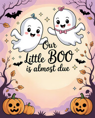A charming Halloween themed twin baby shower invitation template, our little boo is almost due, graphic design illustration