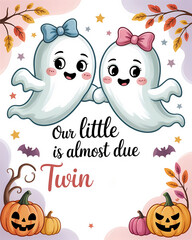 A charming Halloween themed twin baby shower invitation template, our little boo is almost due, graphic design illustration 