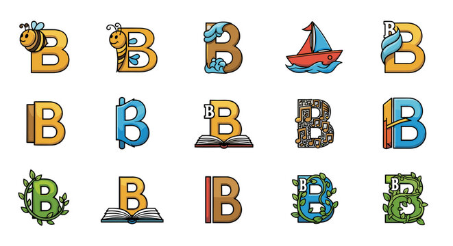 Collection of stylized letter B illustrations, featuring diverse themes like nature, music, travel, and education, perfect for branding and design projects. - Powered by Adobe