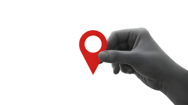 Close up of a human hand holding a bright red location pin icon symbolizing navigation and finding a destination isolated on transparent background