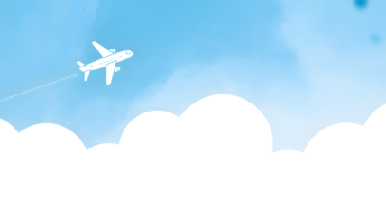 Small white airplane flying high in the bright blue sky with wispy clouds and silhouetted dark clouds below isolated on transparent background