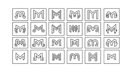 Collection of 24 unique and stylized letter M logos and icons, presented in a grid format against a black background, showcasing diverse artistic interpretations and graphic design elements for