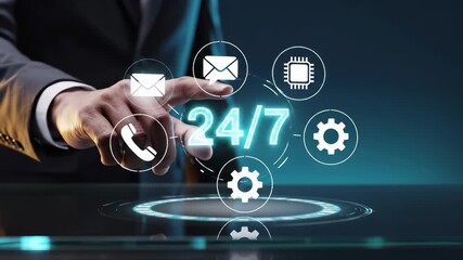 Business professional interacts with holographic 24 7 customer support interface. Digital icons for phone, email, messaging, technical settings and processor automation. Round the clock helpdesk - Powered by Adobe