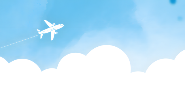 Small white airplane flying high in the bright blue sky with wispy clouds and silhouetted dark clouds below isolated on transparent background