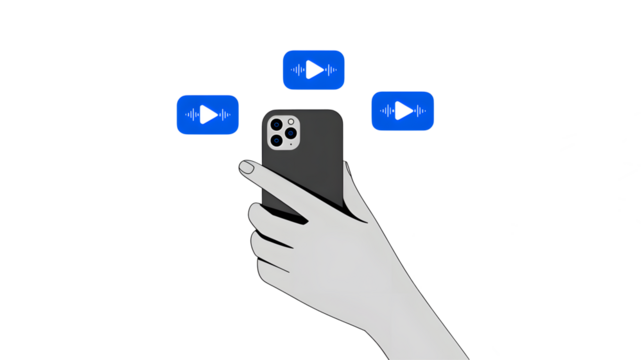Hand holding a modern smartphone with a camera and four blue play buttons appearing above it isolated on transparent background - Powered by Adobe