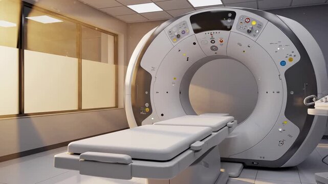 Modern radiotherapy linear accelerator machine with patient table in clinical oncology treatment room. Advanced cancer radiation therapy equipment, medical technology for tumor, healthcare facility