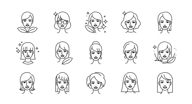 Collection of 15 diverse female avatars, presented as clean white line art icons on a black background, showcasing various hairstyles, accessories like glasses and earrings, and subtle decorative