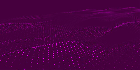 Futuristic dot wave. Abstract digital particle wave. Technology background. Colored musical wave. Dark background. Digital background with smooth, wavy curves. 3D rendering.