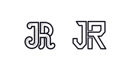 Two distinct stylized letter "J" and "R" monograms are presented against a stark black background, one with a subtle neon glow effect and the other with a bold, outlined design, representing branding