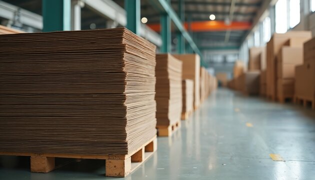 Stacks of corrugated cardboard sheets on pallets in a warehouse. Industrial interior with boxes and packaging materials. Raw paper products ready for shipment. Manufacturing and logistics.
