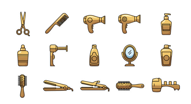 Golden collection of professional hairdressing tools and accessories, including scissors, combs, hair dryers, styling brushes, flat irons, mirrors, and bottles of hair care products, presented on a