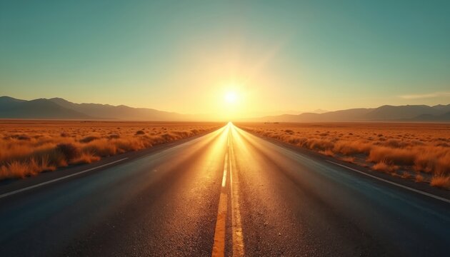Endless straight road disappears into distant horizon under vast blue sky. Bright sun shines directly ahead, casting intense golden light on asphalt. Dry, warm grass fields line route. Mountains rise - Powered by Adobe