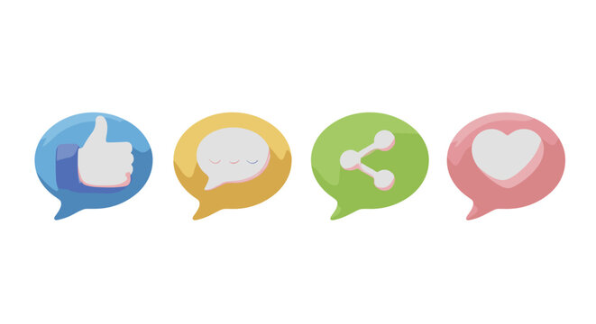 A vibrant collection of four 3D social media icons, each enclosed in a colorful speech bubble: a blue thumb up for likes, a yellow chat bubble for comments, a green share icon, and a pink heart for