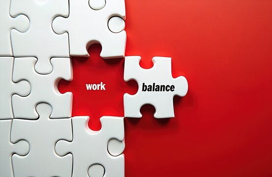 Jigsaw puzzle pieces with work and balance text. Business concept of work life balance. White puzzle pieces on red background with missing piece.
