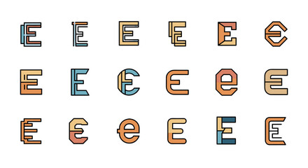 A collection of stylized letter E designs in various geometric and abstract forms, featuring a palette of warm oranges, soft yellows, and cool blues against a stark black background, perfect for
