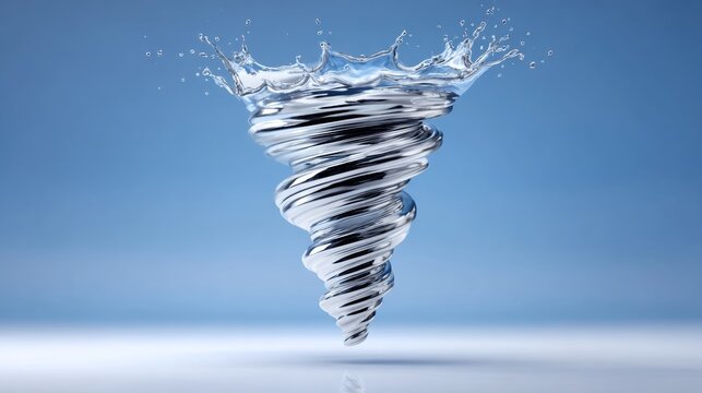 Water vortex swirling in a dynamic spiral formation, creating splashes and droplets against a soft blue background, illustrating the beauty and power of fluid motion in nature's design
