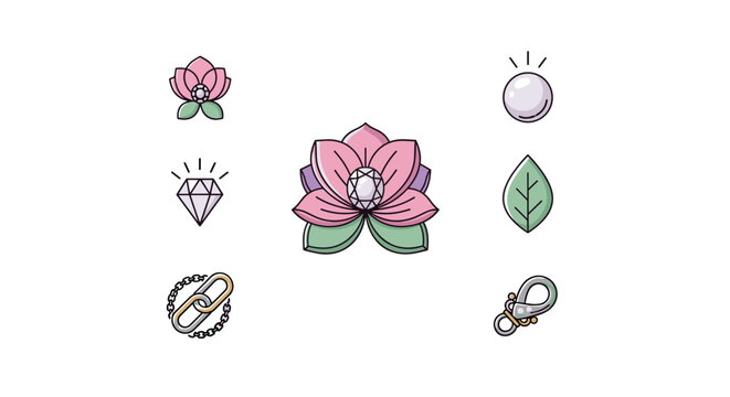 A collection of delicate and elegant icons featuring a blooming lotus flower with a diamond center, a sparkling diamond gem, a lustrous pearl, a fresh green leaf, a sturdy chain link, and a secure