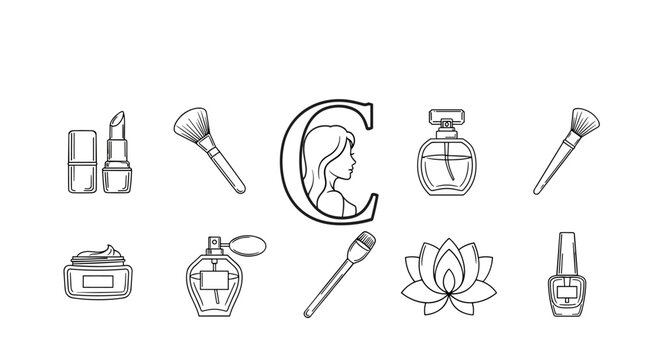 A collection of beauty and cosmetic icons in a minimalist white outline style on a black background, featuring lipsticks, makeup brushes, perfume bottles, a jar of cream, a lotus flower, nail polish