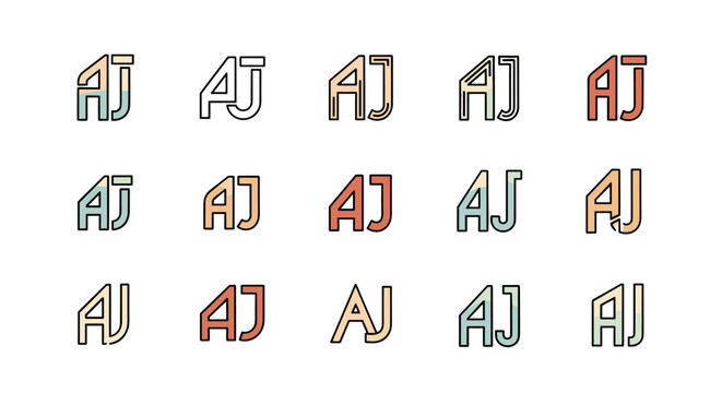 Collection of stylized 'AJ' monograms in various pastel color combinations, featuring a retro, vintage aesthetic with bold outlines and a modern, graphic design appeal, perfect for branding or