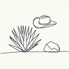 Minimalist line art illustration of a desert landscape with a cowboy hat, agave plant, and rock