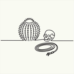 Minimalist continuous line art illustration featuring a desert cactus, a human skull, and a coiled whip, symbolizing themes of danger, resilience, and the untamed wilderness