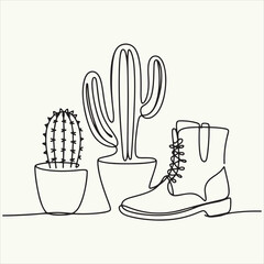Continuous one line drawing of a boot and desert cactus plants. Modern minimalist vector art still life illustration