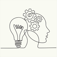 Creative Thinking Lightbulb Gears & Human Profile in Single Line Art for Idea Generation