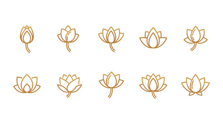 Collection of ten elegant golden lotus flower icons, presented in a clean, minimalist line art style against a stark black background, showcasing various stages of bloom and petal arrangements