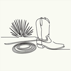 Continuous Line Art Iconic Symbols of the American Wild West – Classic Cowboy Boot, Coiled Lasso, and Desert Agave Plant Silhouettes