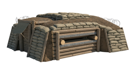 Military bunker with sandbags, barbed wire, and wooden planks on transparent background