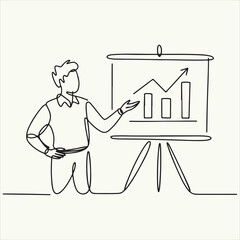 Business Presentation A Continuous Line Drawing of a Man Presenting a Growth Chart