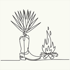 Western Scene Line Art Cactus, Cowboy Boot, and Campfire, Conceptual Illustration