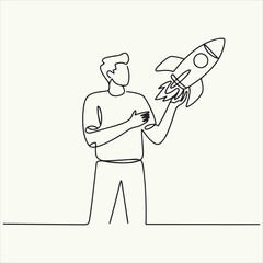 Minimalist One Line Art A Man Holding a Rocket, Symbolizing Business Launch, Innovation, Startup Growth, and the Drive for Project Success and Future Aspirations