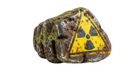 Radioactive warning symbol on mossy rock with transparent background