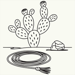 Arid Desert Landscape with Cactus, Rock, and Lasso A Southwestern Scene in Black and White
