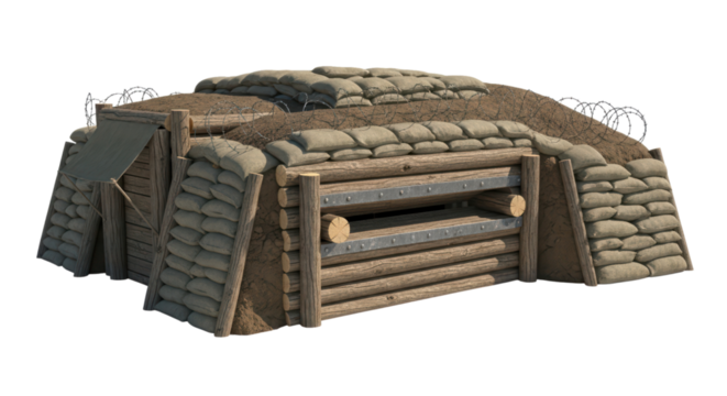 Military bunker with sandbags, barbed wire, and wooden planks on transparent background