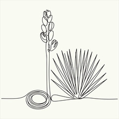 Minimalist one line drawing of a blooming yucca plant with a flower stalk. Continuous line art vector illustration