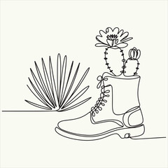Continuous one line drawing of a blooming cactus planted in a combat boot next to an agave succulent. Minimalist vector art