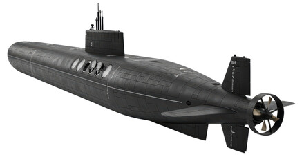 Sleek black submarine with distinctive windows on transparent background