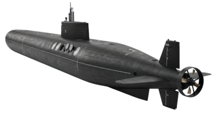 Sleek black submarine with distinctive windows on transparent background