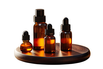 Dark Amber Glass Skincare Bottles and Jar on Wooden Tray with Wheat on a transparent background