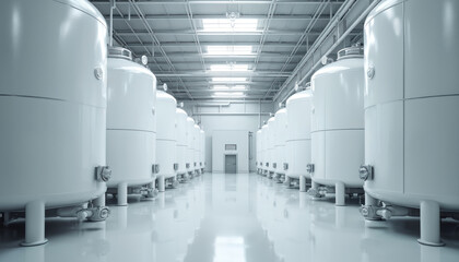 Large white industrial storage tanks arranged neatly in a modern clean warehouse. Rows of big containers, factory interior, bulk liquid storage, vertical cisterns, manufacturing facility.