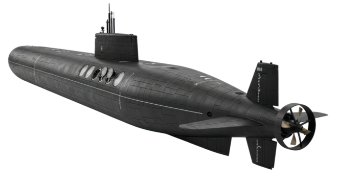 Sleek black submarine with distinctive windows on transparent background