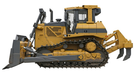 Heavy duty yellow bulldozer with ripper attachment on transparent background