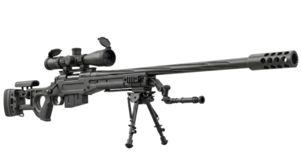 Precision sniper rifle with scope and bipod on transparent background