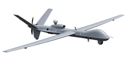 Military drone with extended wings on transparent background